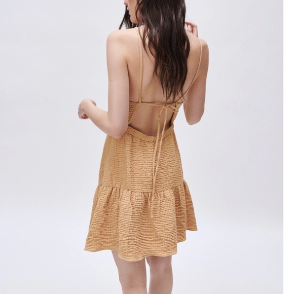 NWT Zara Short Tiered Dress XL Straw Tan Beige - Picture 2 of 5